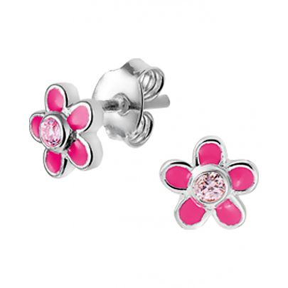 Rikkoert zilveren oorknoppen bloem met emaille en roze zirkonia Zilver Emaille Rikkoert Huiscollectie