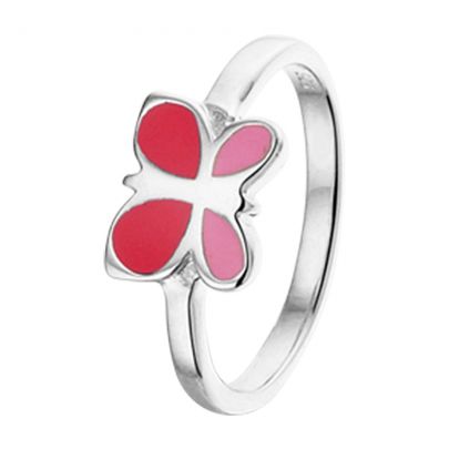 Rikkoert zilveren ring met vlinder met roze emaille Zilver Emaille Rikkoert Huiscollectie