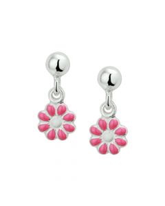 Rikkoert zilveren oorhangers bloem met roze en witte emaille